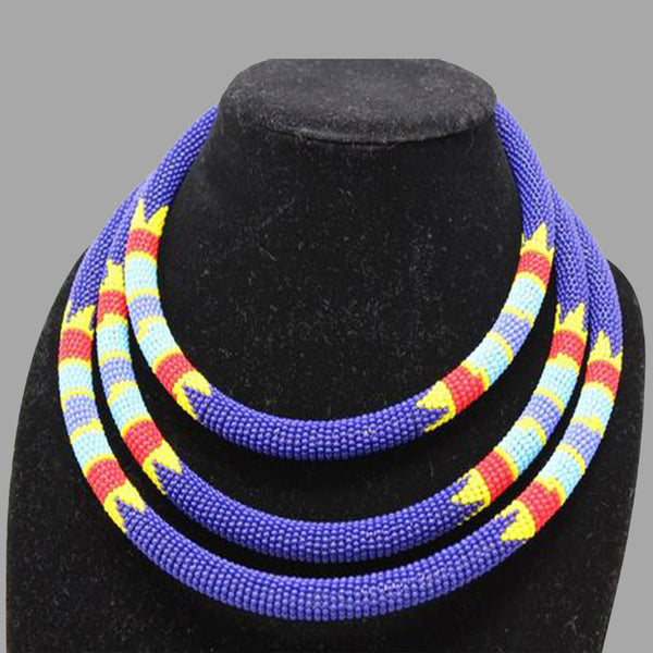 Traditional Colored Beaded Necklace-Blue geometric jewelry  handmade  african design  for women and girls in purple color 