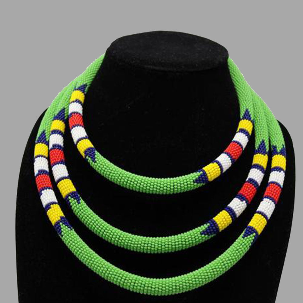 Traditional Colored Beaded Necklace-Green geometric jewelry  handmade  african design for women and girls in green color