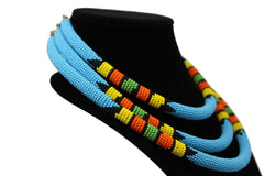 Traditional Colored Beaded Necklace-Sky blue geometric jewelry  handmade  african design for women and girls in blue color 