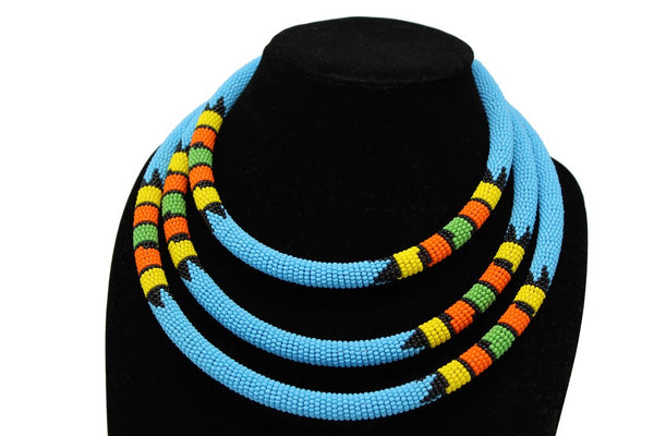 Traditional Colored Beaded Necklace-Sky blue geometric jewelry  handmade  african design for women and girls in blue color 