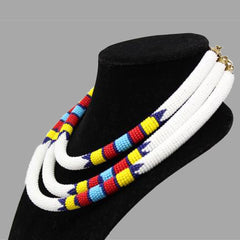 Traditional Colored Beaded Necklace-White geometric jewelry  handmade african design for women and girls in white color